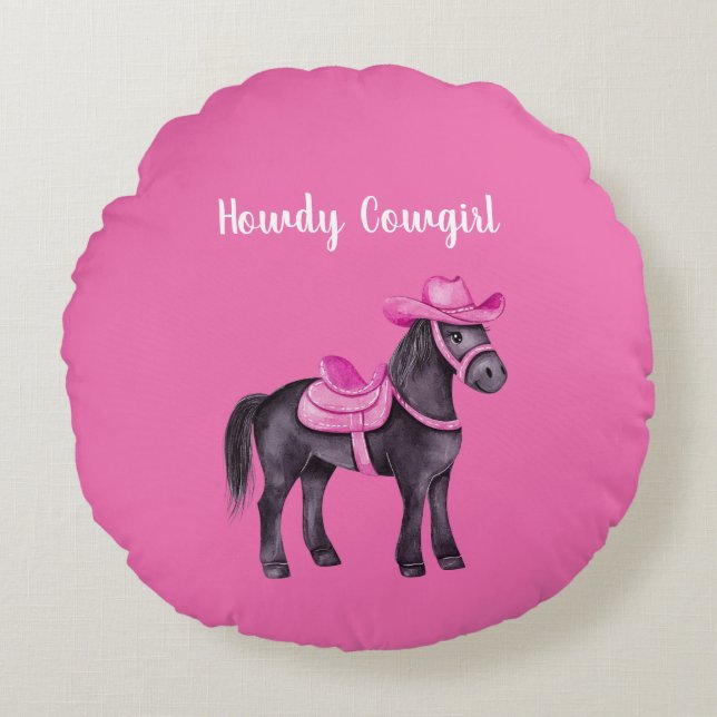 Cojín Redondo Vaquera Rosa Howdy Caballo (Anverso)