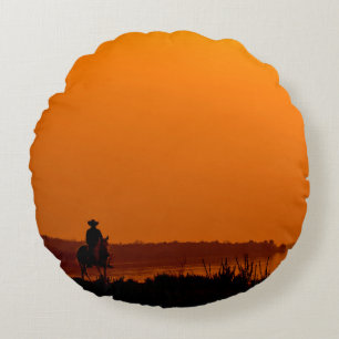 Cojín Redondo Vaquero Hombres Caballo al atardecer Vintage oeste