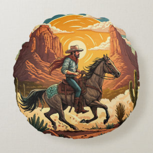 Cojín Redondo Vaquero montando a caballo al atardecer