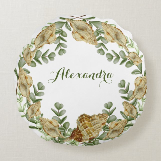 Cojín Redondo Vegetación conchas náuticas de conchas de crema co (Anverso)