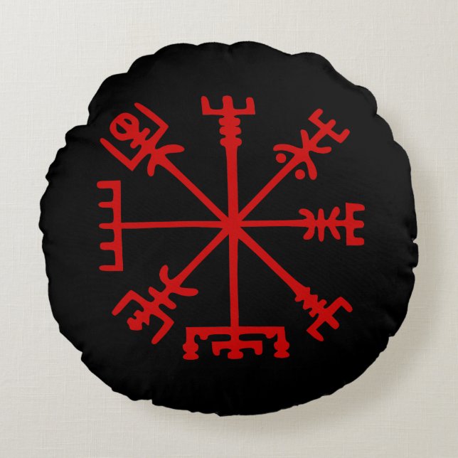 Cojín Redondo Vegvísir Rojo Sangre (Vegvísir Viking Compass) (Anverso)