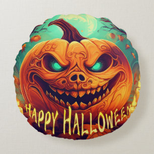 Cojín Redondo Velas de Calabaza de Ojos Verdes Luna Llena Hallow