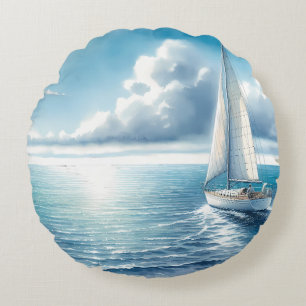 Cojín Redondo Velero Solitario Horizonte Azul
