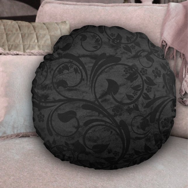 Cojín Redondo Velvet floral negro moderno (Subido por el creador)
