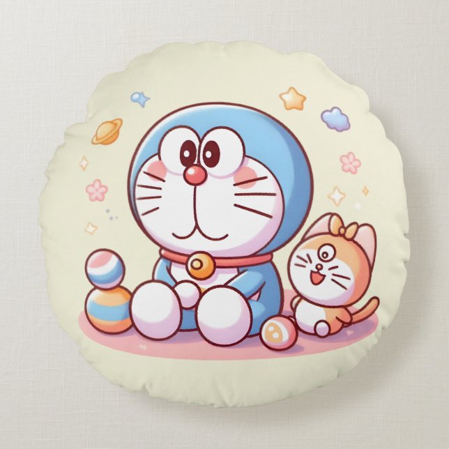 Cojín Redondo Ven Ven Gato Y Doraemon (Anverso)