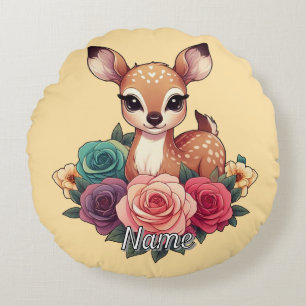 Cojín Redondo Venado bebé con Rosas y follaje verde