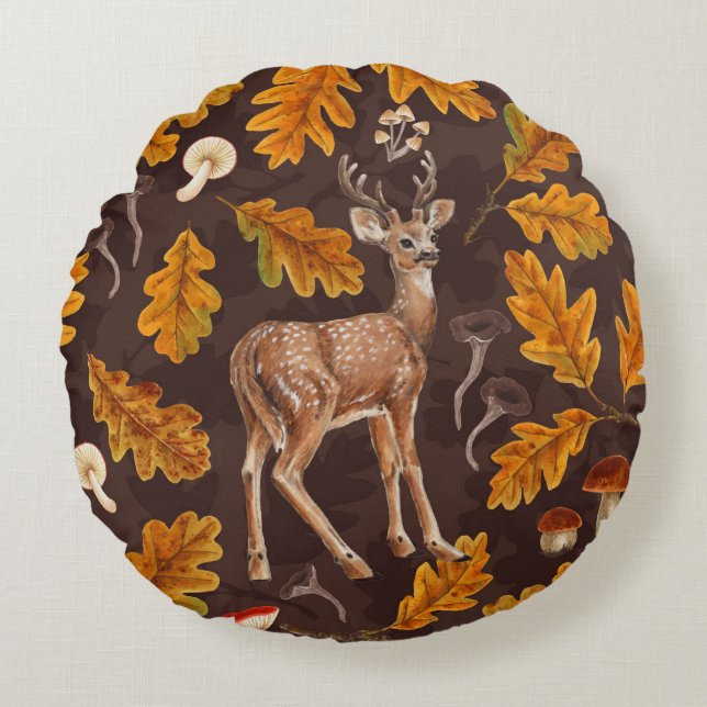 Cojín Redondo Venado en el bosque otoñal 2 (Anverso)