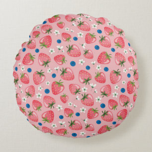 Cojín Redondo Verano de fresa, fondo personalizado de niñita.