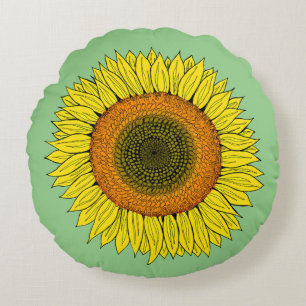Cojín Redondo Verano de girasoles soleados Dibujado a mano