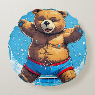 Cojín Redondo Verano de oso salvaje vintage piscina 