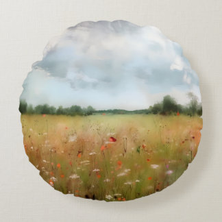 Cojín Redondo Verano Meadow Arte paisajístico de flores silvestr