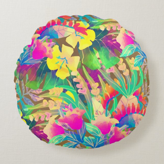 Cojín Redondo Verano tropical hawaiano floral (Anverso)