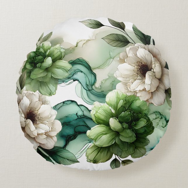 Cojín Redondo "Verdant Serenity: Resumen del arte floral verde" (Anverso)