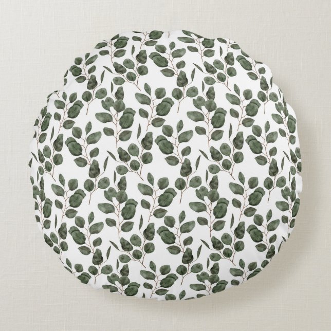Cojín Redondo Verde Botánico Verde Eucalipto Tendencia Blanco (Anverso)