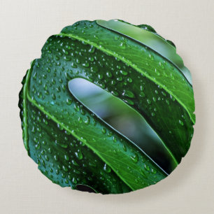 Cojín Redondo verde de hoja de planta de Monstera