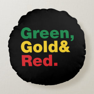 Cojín Redondo Verde, dorado y rojo.