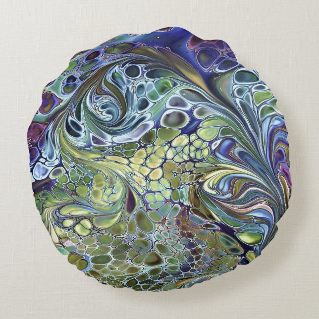 Cojín Redondo Verde jaula oliva, burdeos morado azul (Reverso)