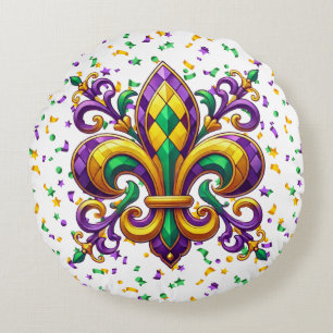 Cojín Redondo Verde morado Mardi Gras fleur de lis