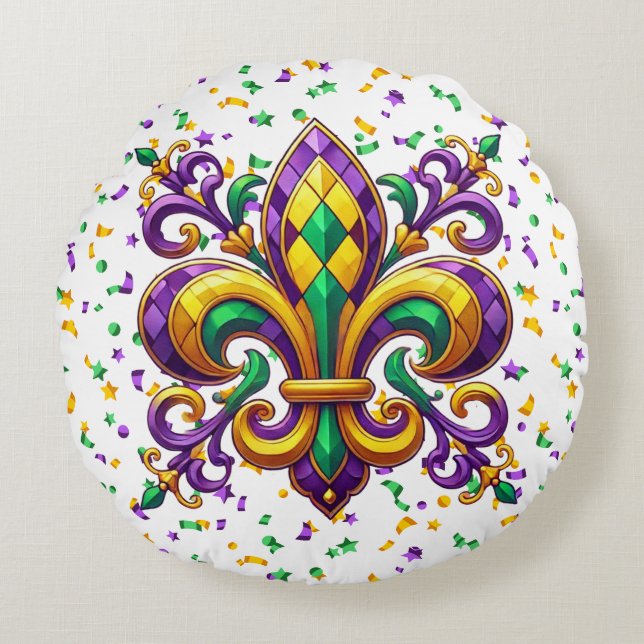 Cojín Redondo Verde morado Mardi Gras fleur de lis (Anverso)