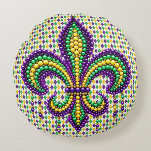 Cojín Redondo Verde morado Mardi Gras fleur de lis