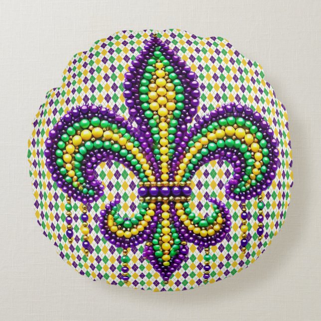 Cojín Redondo Verde morado Mardi Gras fleur de lis (Anverso)