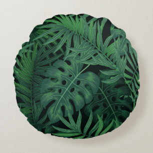 Cojín Redondo Verde Noche tropical: Patrón vegetal exótico