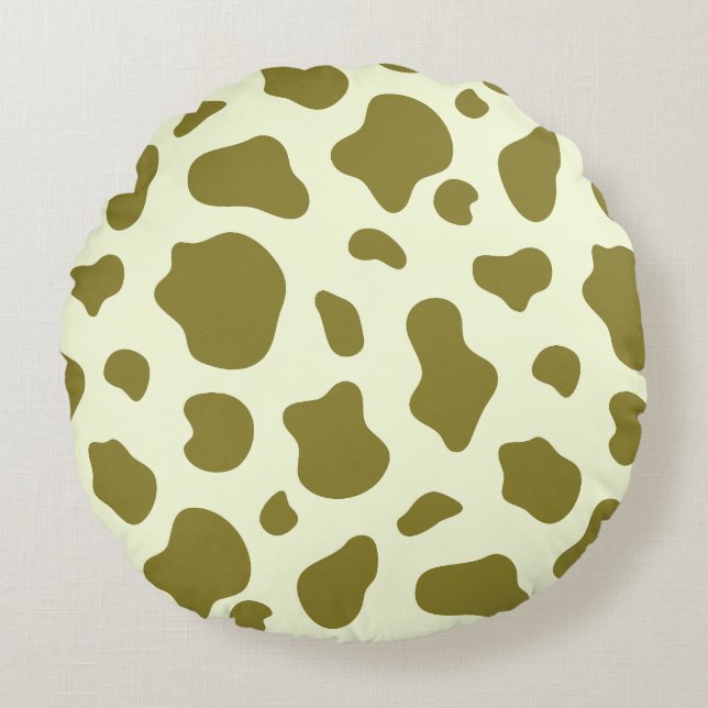 Cojín Redondo Verde Oliva Moderno Estampado de Vaca (Anverso)