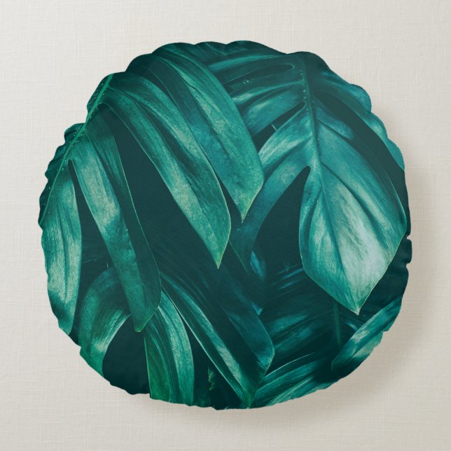 Cojín Redondo Verde oscuro, follaje de la selva tropical. (Anverso)