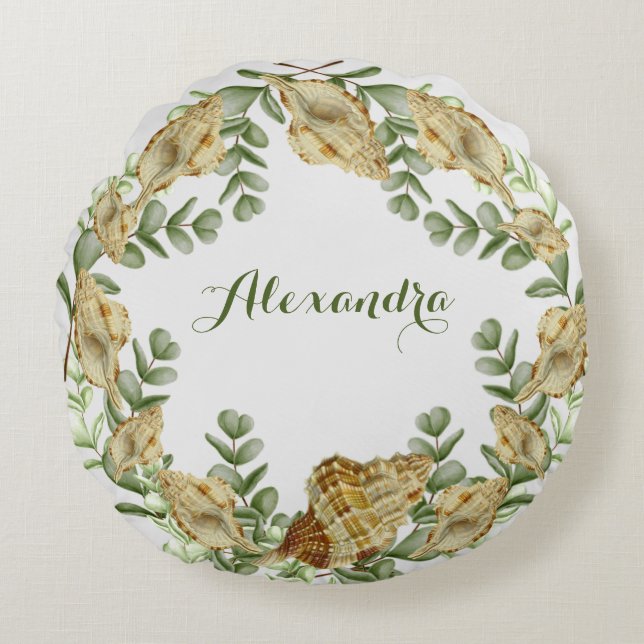 Cojín Redondo Verdor conchas náuticas de conchas marinas costa (Anverso)