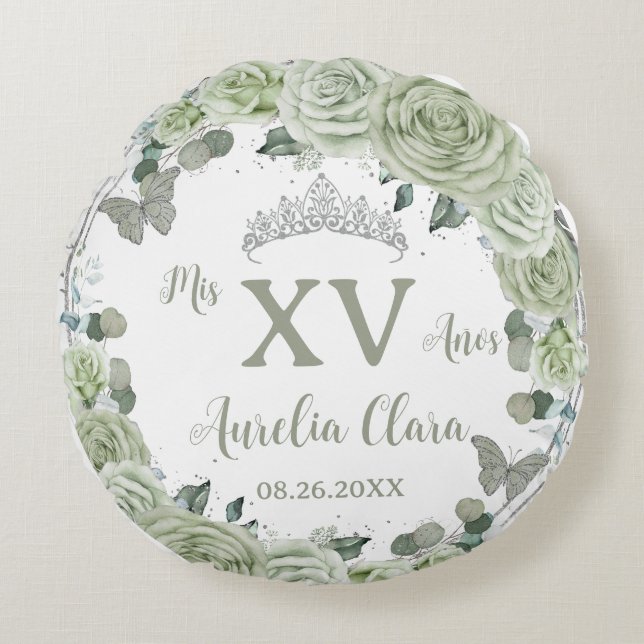 Cojín Redondo Vestido de mariposas florales Quinceañera Sage (Anverso)