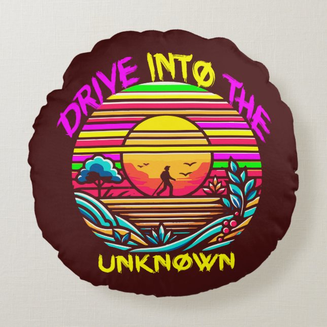 Cojín Redondo Viaje enigmático: Exploración Retro Sunset (Anverso)