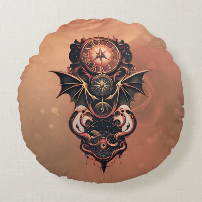 Cojín Redondo Viaje místico del tiempo con alas, reloj de vapor. (Anverso)