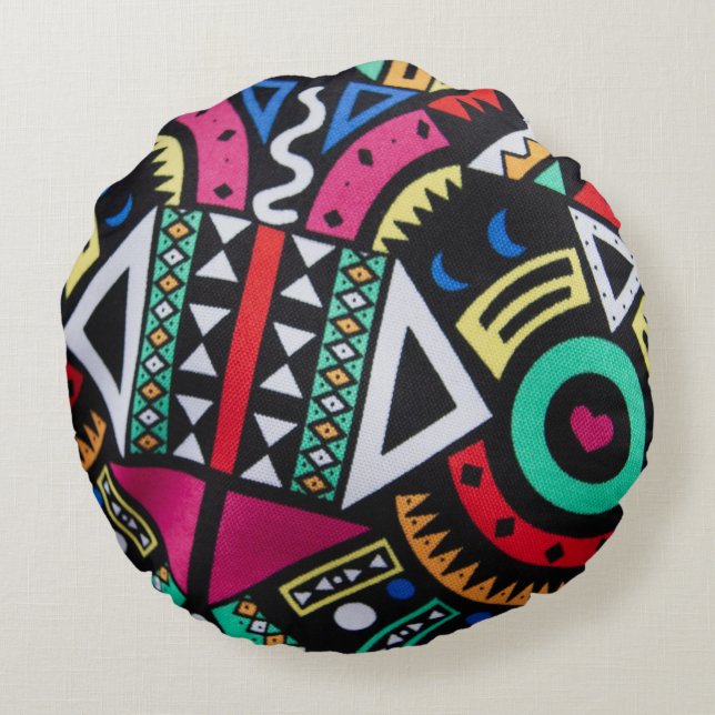 Cojín Redondo Vibrant Afro-Centric Geometric Pattern – Bold Trib (Reverso)