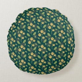 Cojín Redondo Vibrant Green Pattern with Yellow Flowers & Leaves