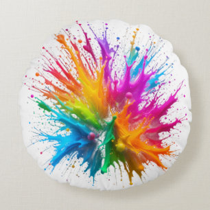 Cojín Redondo Vibrant Rainbow Paint Splatter Explosion