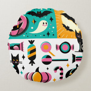 Cojín Redondo Vibrant Retro Halloween Collage Pink Pumpkin Black