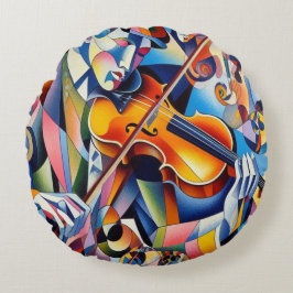 Cojín Redondo Vibrant Symphony: Abstract Violinist Art