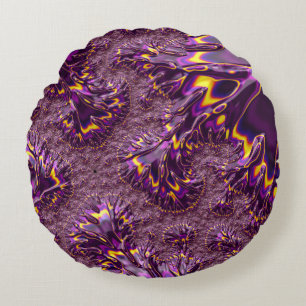 Cojín Redondo Vibrante arte fractal trippy morado amarillo groov