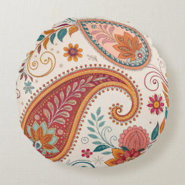Cojín Redondo Vibrante Boho Paisley patrón floral blanco