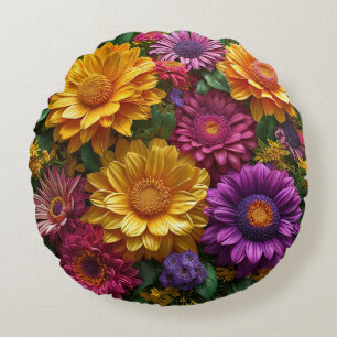 Cojín Redondo Vibrante exhibición de flores amarillas y púrpuras