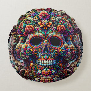 Cojín Redondo Vibrante Floral Super Sugar Skull