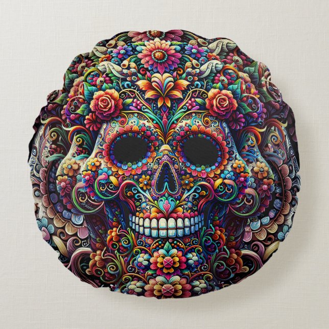 Cojín Redondo Vibrante Floral Super Sugar Skull (Anverso)