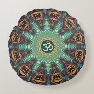 Cojín Redondo Vibrante Mandala Redondo Tribal Batik de Oro Verde
