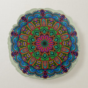 Cojín Redondo Vibrante patrón floral y geométrico de mandala