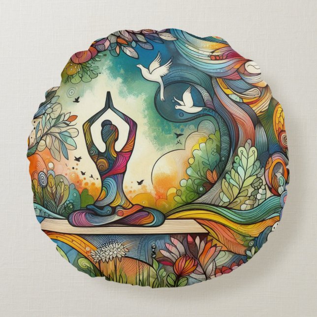 Cojín Redondo Vibrante serenidad de yoga (Anverso)