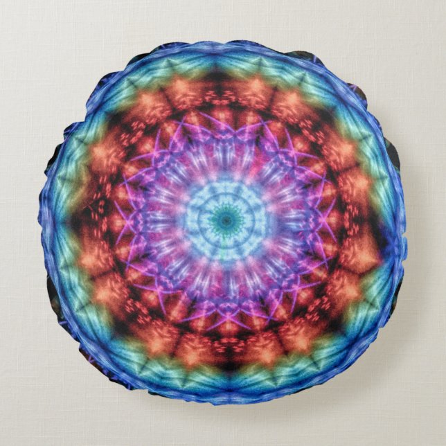 Cojín Redondo Vibrante Tie Dye Kaleidoscope Arcoiris Mandala (Anverso)