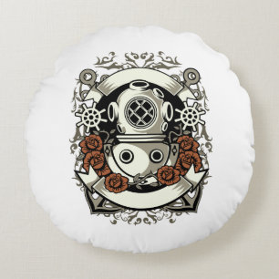 Cojín Redondo Victoria Steampunk Deep Sea Diver Roses Rojos