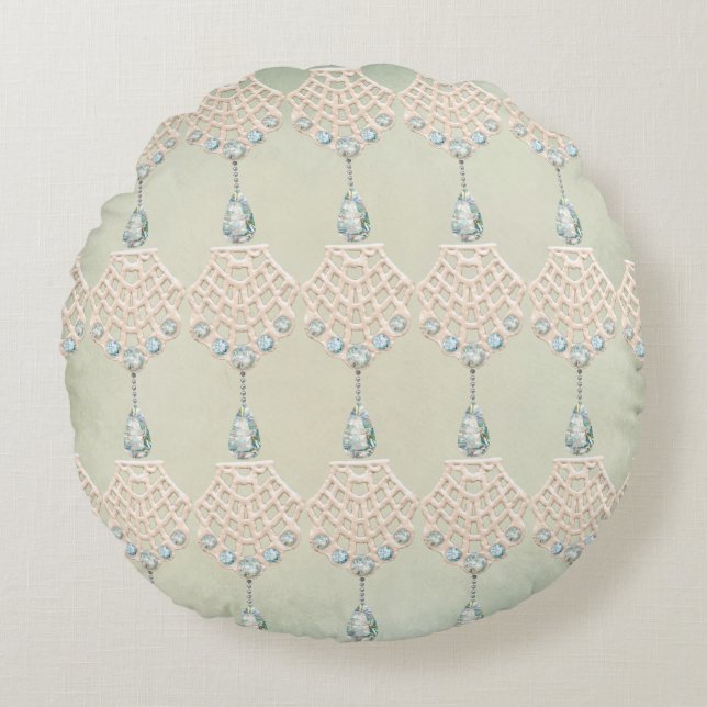 Cojín Redondo Victoriano de crema diamante de imitación verde az (Anverso)