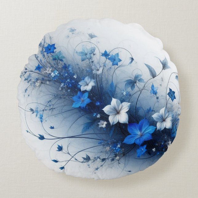 Cojín Redondo Vid floral azul y blanca (Anverso)