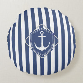 Cojín Redondo Vida de marinero, rayas azules cobálticas y ancla